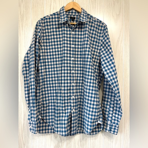 J Crew Mens Large Tall Shirt Blue & Gray Big Check Button Up Collar EUC - Picture 1 of 3